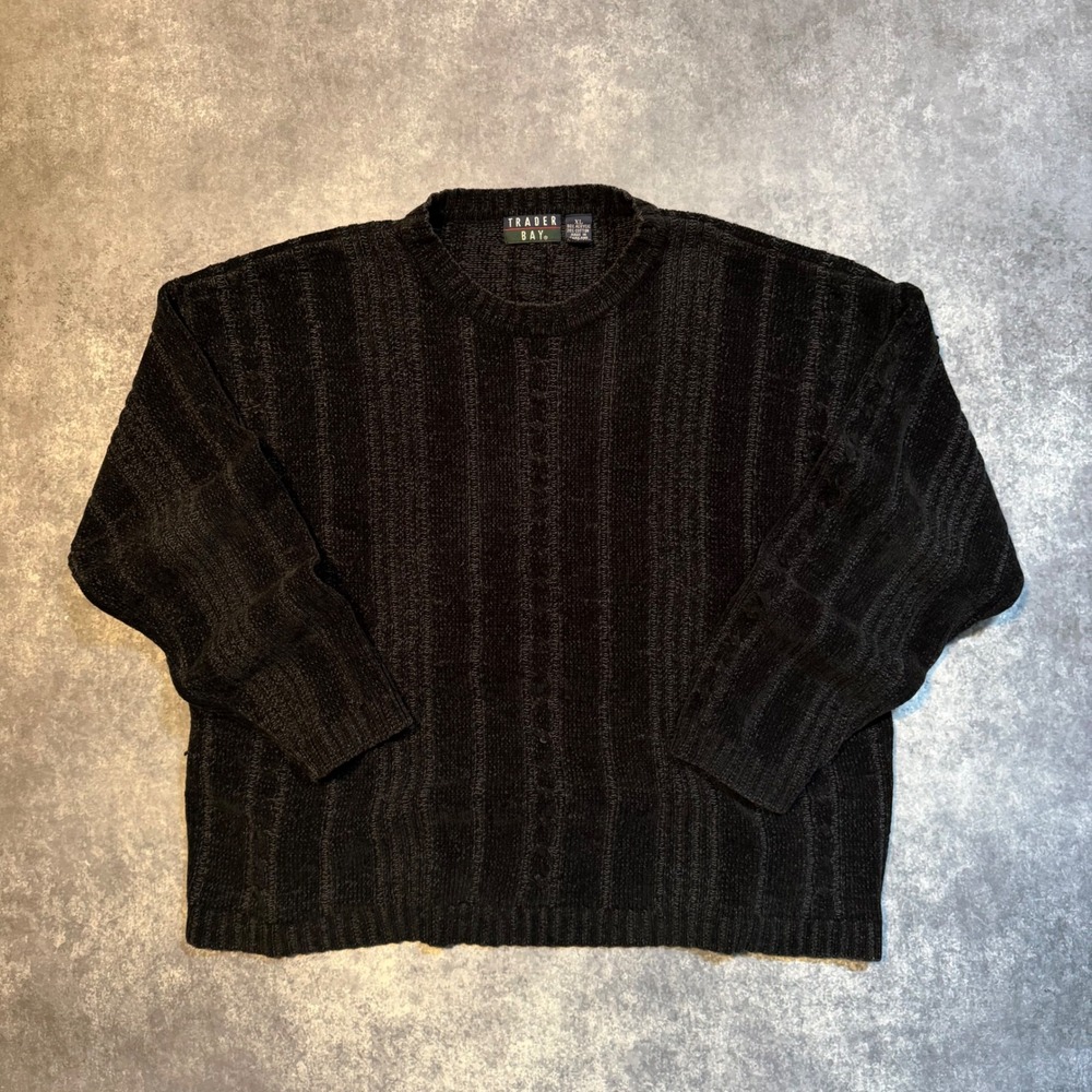 Vintage Trader Bay Mens XL Black Chenille Cable Knit Sweater Crew Neck Pullover